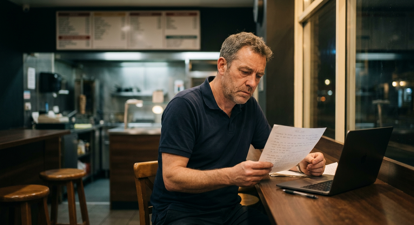 Image générée : un gérant de fast-food lit une feuille de chiffres dans son restaurant après la fermeture